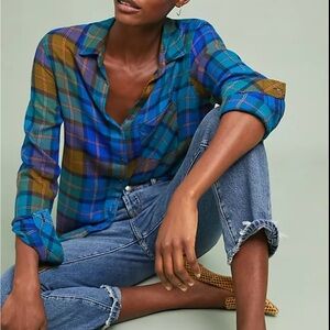 Cloth & Stone Blue and Brown Plaid Button-Down Shirt